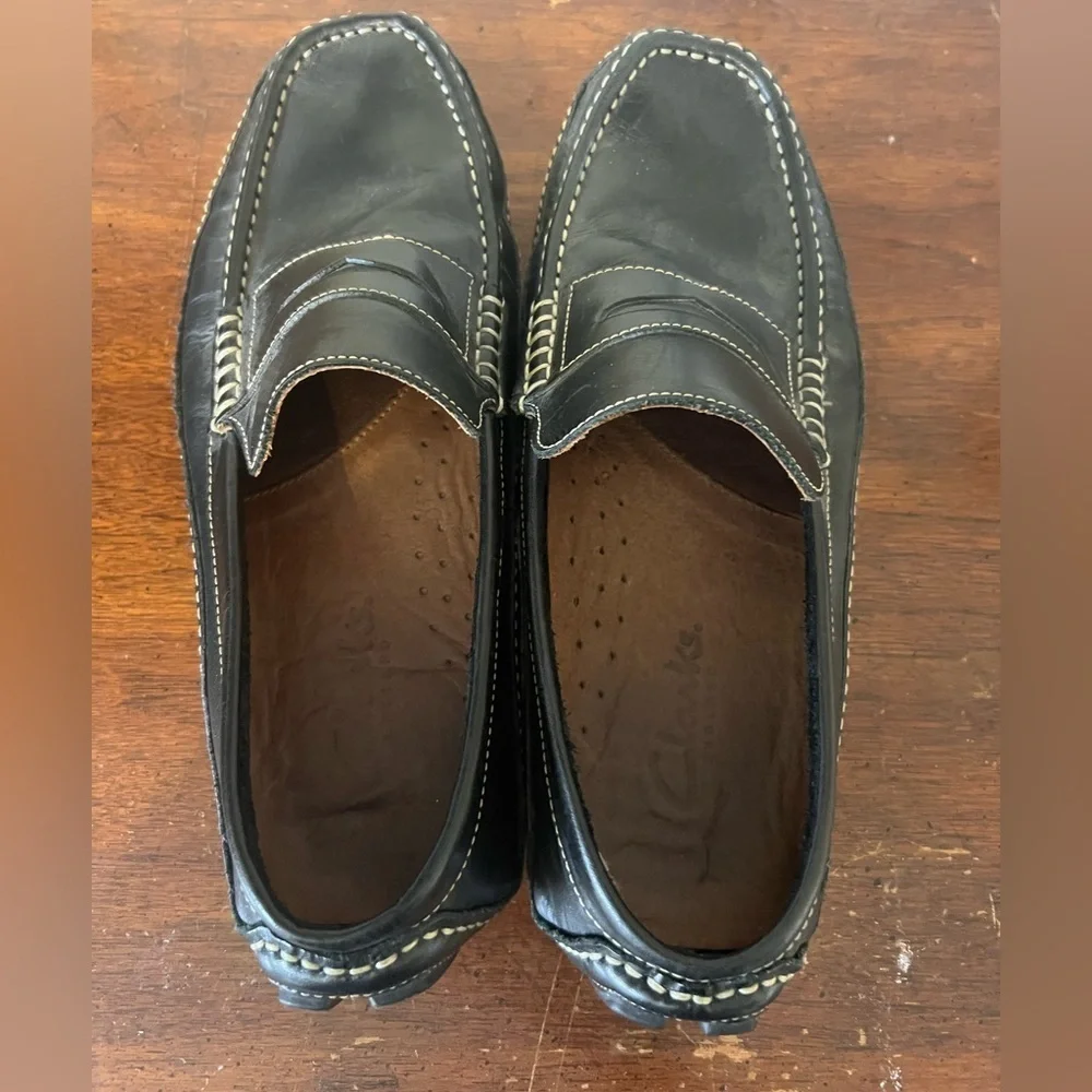Clarks England Mens Shoe Size 9M Black Leather Driver Penny Loafers Comfort